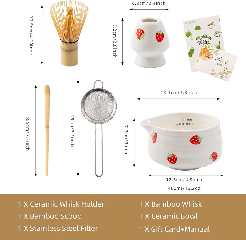 YumiPLUS 5pcs Premium Matcha Set,Ceramic Bowl with Spout and Bamboo Whisk set, Ceremonical Matcha Kit for breakfast/latte,Tea Starter Making Kit,Unique Matcha Gift set (strawberry) - Image 5