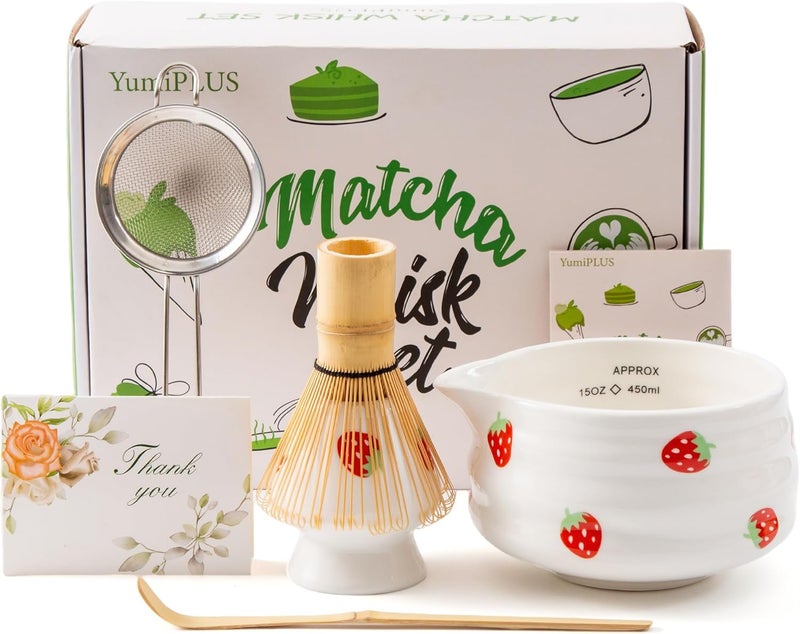 YumiPLUS 5pcs Premium Matcha Set,Ceramic Bowl with Spout and Bamboo Whisk set, Ceremonical Matcha Kit for breakfast/latte,Tea Starter Making Kit,Unique Matcha Gift set (strawberry) - Image 1