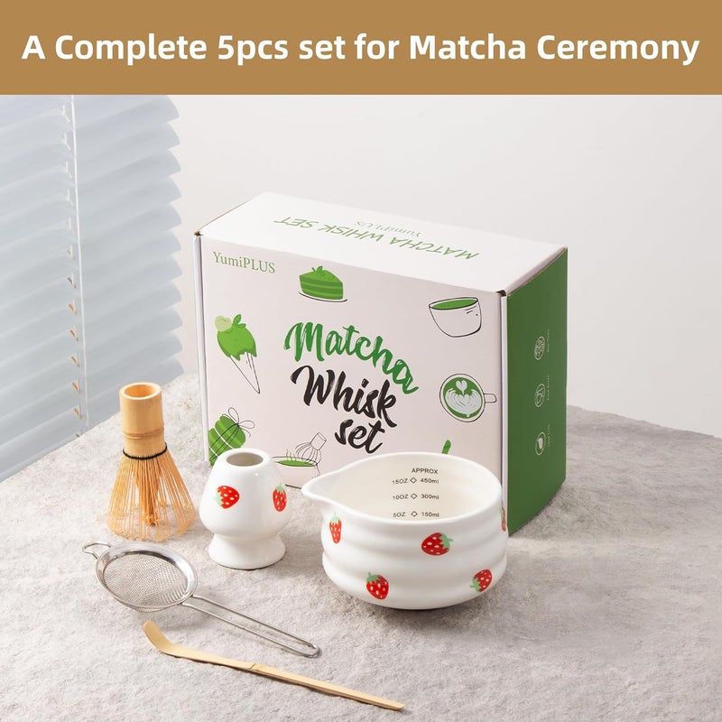 YumiPLUS 5pcs Premium Matcha Set,Ceramic Bowl with Spout and Bamboo Whisk set, Ceremonical Matcha Kit for breakfast/latte,Tea Starter Making Kit,Unique Matcha Gift set (strawberry) - Image 2