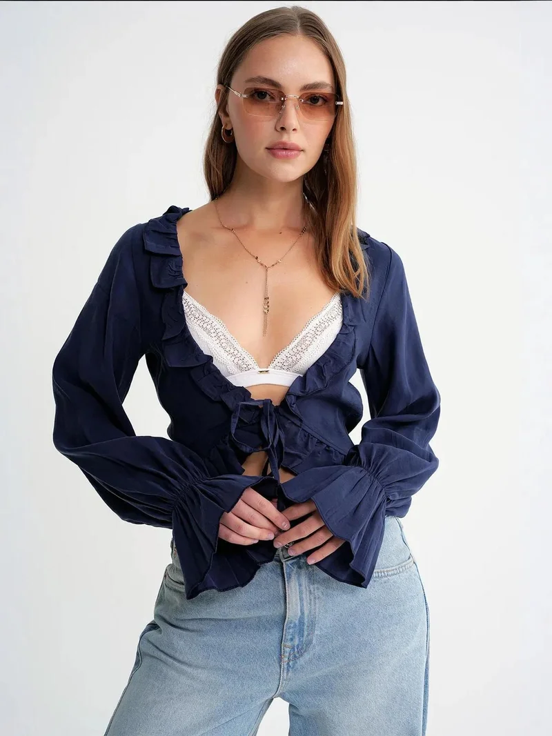 MixRay Mixray Frilly V-Neck Long Sleeve Crop Blouse