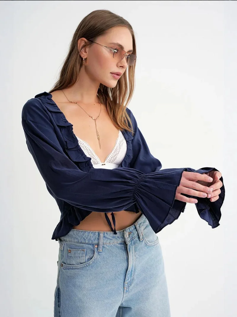 MixRay Mixray Frilly V-Neck Long Sleeve Crop Blouse
