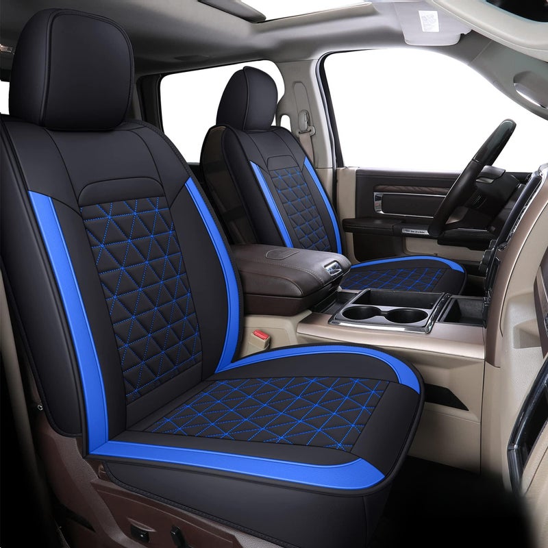 Coverado RAM Seat Cover Full Set Leather Seat Covers Fit for Dodge RAM 1500 Truck Seat Covers Custom Fit for 20022025 Dodge RAM 1500 2500 3500 Crew Quad Cab with Curved Bench Blue
