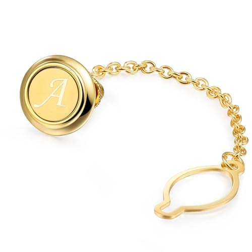 HAWSON Mens Tie Tacks for Men with Chain Round Gold Tie Pins Wedding Business Birthday Anniversary Initials A-Z Tie Clip Gifts - Image 1