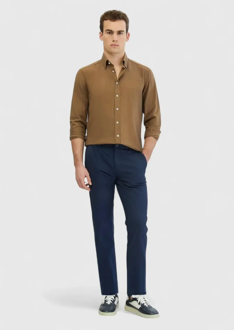 رامسي قميص قطني 100% سادة بقصة كاجوال من المنك، بنسيج قطني 100%