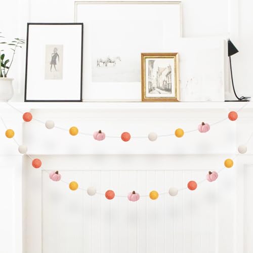 Aukolass Pumpkin Felt Ball Pom Pom Banner Autumn Thanksgiving Decor 709 inches Pink Pumpkin - Image 1