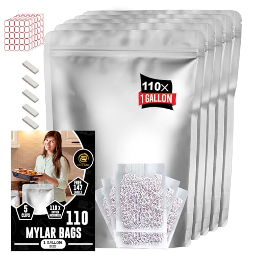 ROYLO GLOBE 110 PCS 1 Gallon Mylar Bags with 500cc x110 Oxygen Absorbers - 147 Labels & 10 MIL Thick Stand-Up Reusable Airtight Resealable Bags, Large Mylar Bags for food storage with 5 Clips - Image 1