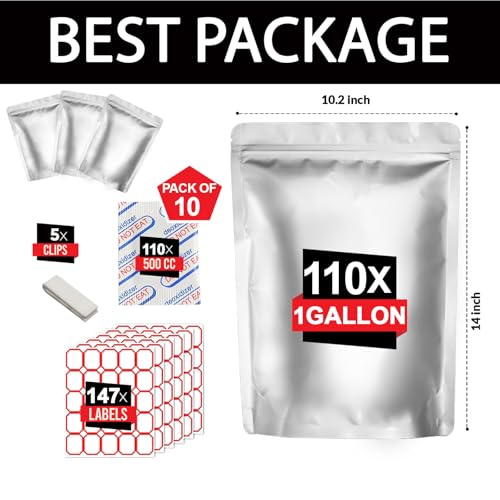 ROYLO GLOBE 110 PCS 1 Gallon Mylar Bags with 500cc x110 Oxygen Absorbers - 147 Labels & 10 MIL Thick Stand-Up Reusable Airtight Resealable Bags, Large Mylar Bags for food storage with 5 Clips - Image 2