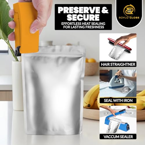 ROYLO GLOBE 110 PCS 1 Gallon Mylar Bags with 500cc x110 Oxygen Absorbers - 147 Labels & 10 MIL Thick Stand-Up Reusable Airtight Resealable Bags, Large Mylar Bags for food storage with 5 Clips - Image 4