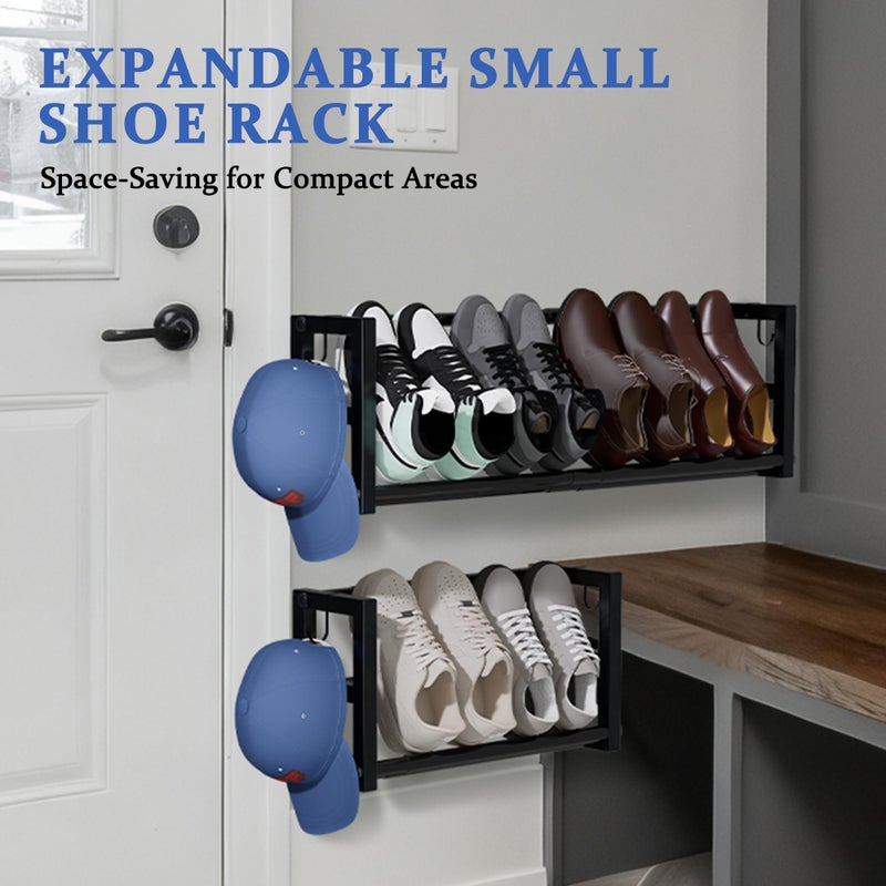 Jchccu 2 Pack Narrow Wall Mounted Shoe Rack for Small Spaces, Hanging Shoe Rack Holds 8 Pairs, 17"-30"Adjustable Heavy Duty Wall Shoe Storage with 4 Storage Hooks,Space Saving for Closet Entryway Door,Black - Image 2