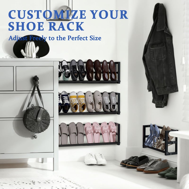 Jchccu 2 Pack Narrow Wall Mounted Shoe Rack for Small Spaces, Hanging Shoe Rack Holds 8 Pairs, 17"-30"Adjustable Heavy Duty Wall Shoe Storage with 4 Storage Hooks,Space Saving for Closet Entryway Door,Black - Image 4