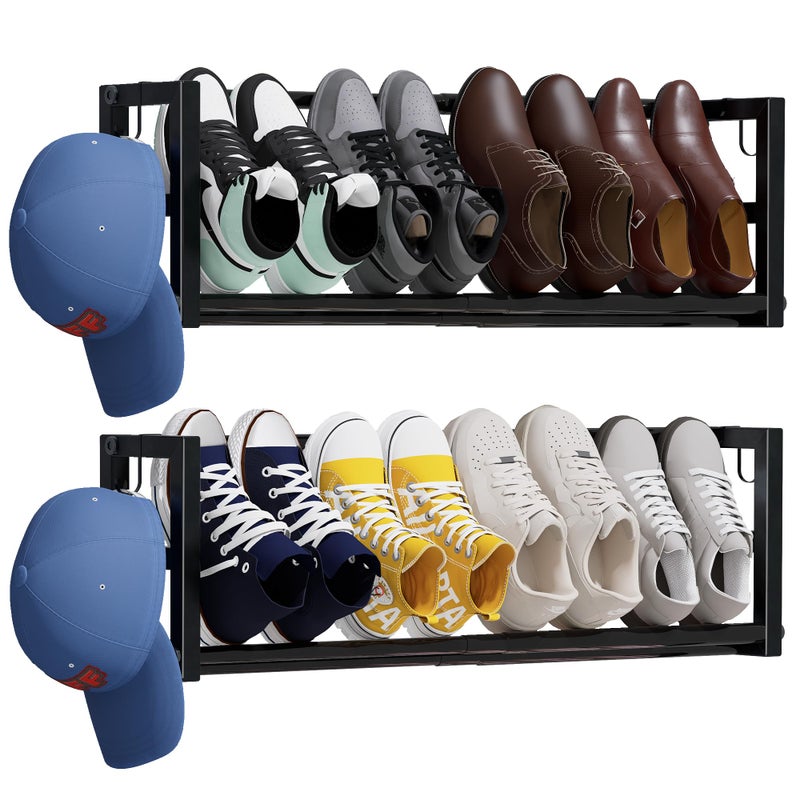 Jchccu 2 Pack Narrow Wall Mounted Shoe Rack for Small Spaces, Hanging Shoe Rack Holds 8 Pairs, 17"-30"Adjustable Heavy Duty Wall Shoe Storage with 4 Storage Hooks,Space Saving for Closet Entryway Door,Black - Image 1