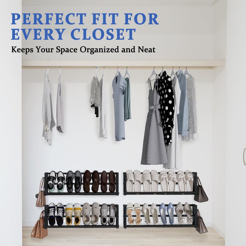 Jchccu 2 Pack Narrow Wall Mounted Shoe Rack for Small Spaces, Hanging Shoe Rack Holds 8 Pairs, 17"-30"Adjustable Heavy Duty Wall Shoe Storage with 4 Storage Hooks,Space Saving for Closet Entryway Door,Black - Image 3