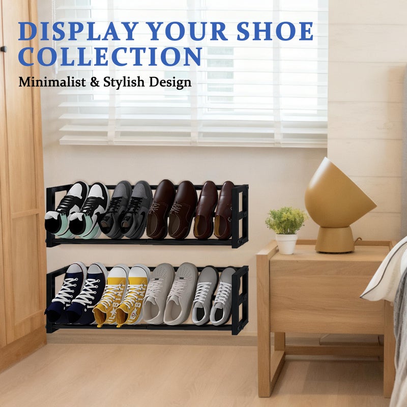 Jchccu 2 Pack Narrow Wall Mounted Shoe Rack for Small Spaces, Hanging Shoe Rack Holds 8 Pairs, 17"-30"Adjustable Heavy Duty Wall Shoe Storage with 4 Storage Hooks,Space Saving for Closet Entryway Door,Black - Image 5