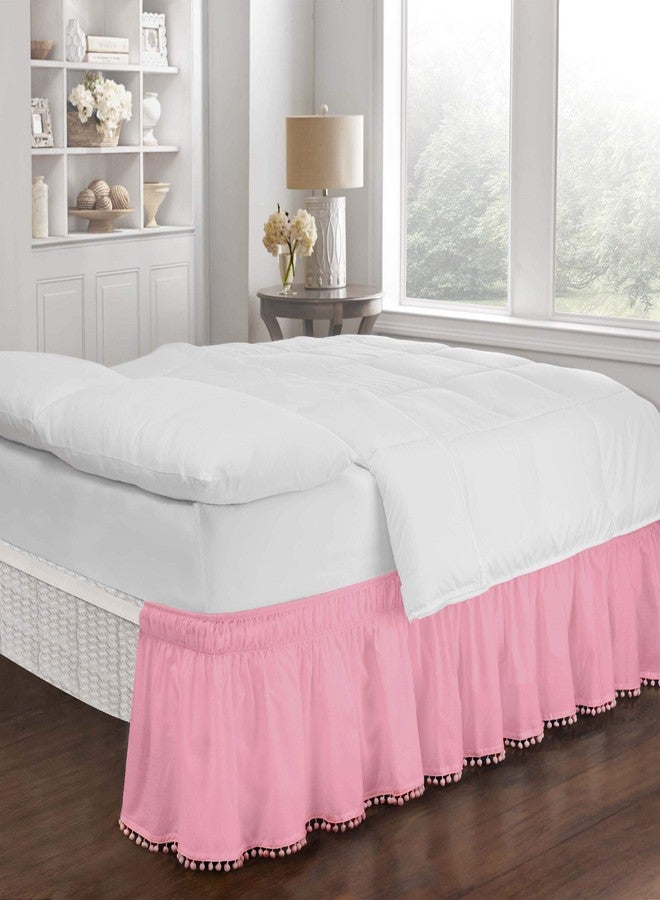 EASY FIT Pom Pom Elastic Wrap Around Bed Skirt, Easy On/Off Dust Ruffle (18 Inch Drop), Twin/Full, Pink - Image 1