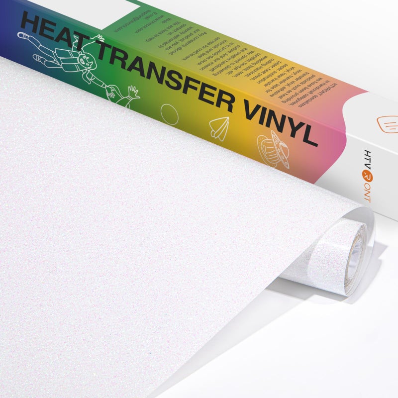 HTVRONT White Glitter HTV Vinyl- 10â€ x 5ft Rainbow White Glitter Iron On Vinyl for All Cutting Machine, Glitter Heat Transfer Vinyl Roll for T Shirts - Easy to Cut & Weed for Heat Vinyl Design - Image 1