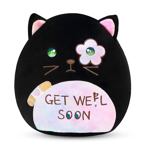 Easfan Get Well Soon Stuffed Cat Plush Pillow Cozy Black Kitty Snuggle Soft Toy with Rainbow Belly Gifts or Patients Girls Boys Women Men After Surgery 12 - Image 1