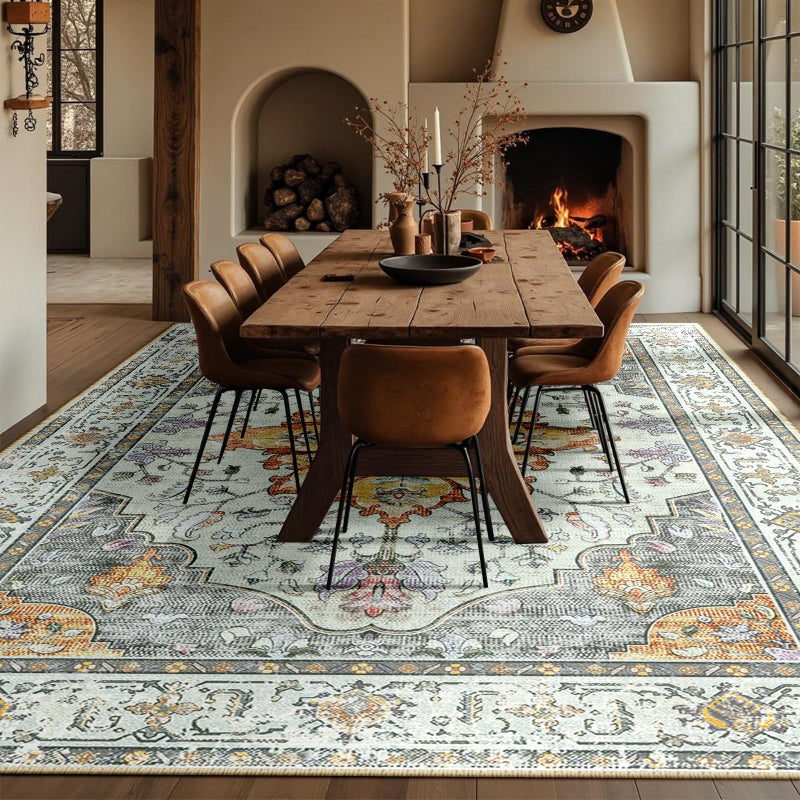 RELEANY Area Rugs 10'x12' Washable Non-Slip  Floral Vintage Distress Print Pattern Medallion Carpet for Living Room Bedroom Dining Room  Light Yellow Carbon Grey Orange - Image 3