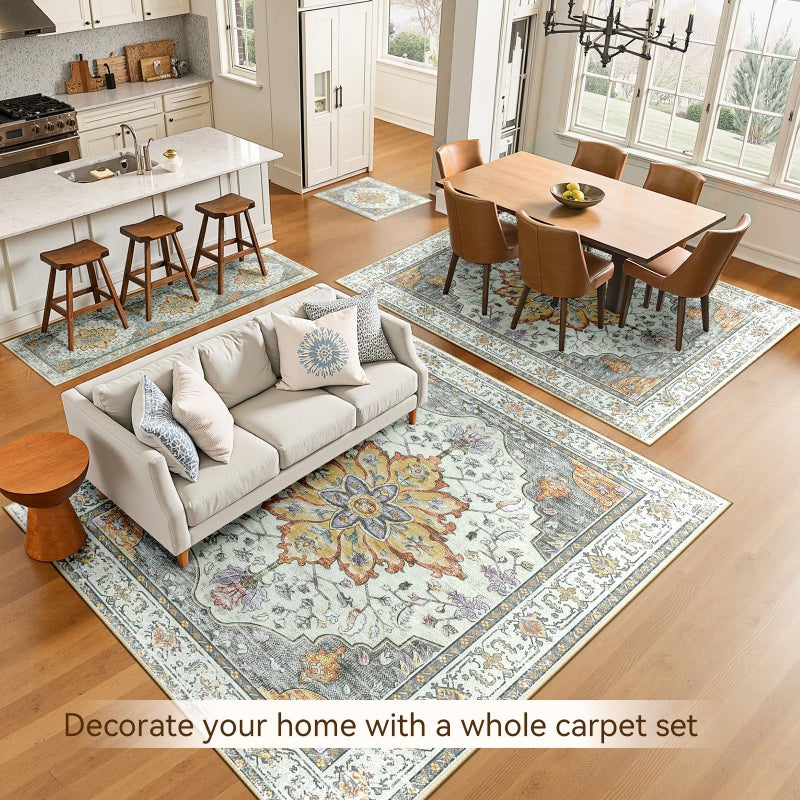 RELEANY Area Rugs 10'x12' Washable Non-Slip  Floral Vintage Distress Print Pattern Medallion Carpet for Living Room Bedroom Dining Room  Light Yellow Carbon Grey Orange - Image 4