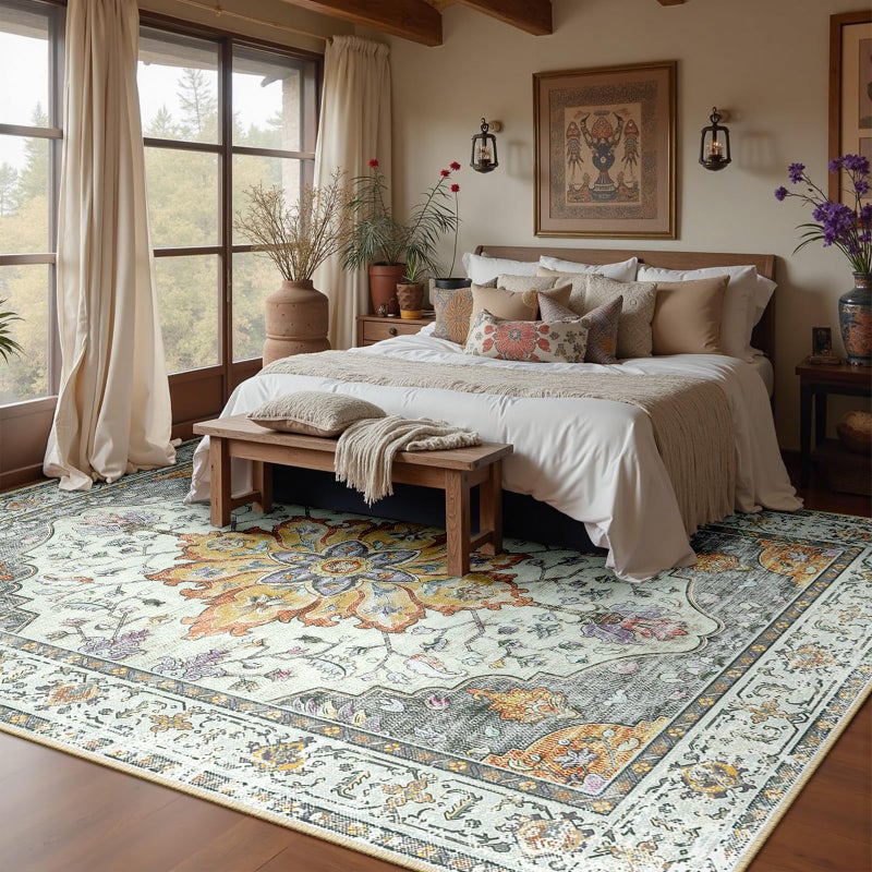 RELEANY Area Rugs 10'x12' Washable Non-Slip  Floral Vintage Distress Print Pattern Medallion Carpet for Living Room Bedroom Dining Room  Light Yellow Carbon Grey Orange - Image 2