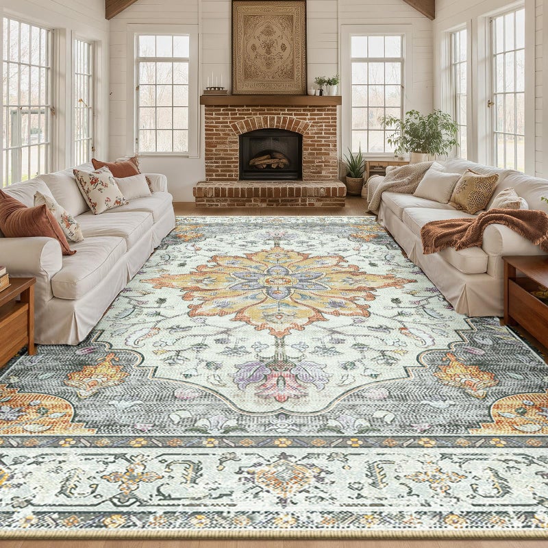 RELEANY Area Rugs 10'x12' Washable Non-Slip  Floral Vintage Distress Print Pattern Medallion Carpet for Living Room Bedroom Dining Room  Light Yellow Carbon Grey Orange - Image 1