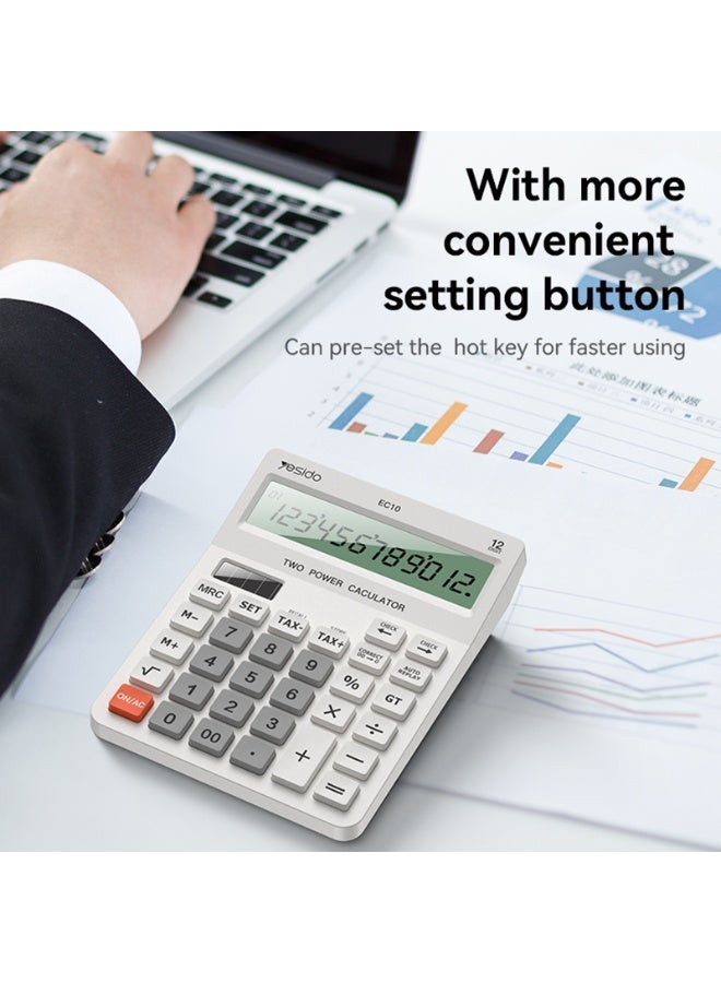 Yesido EC10 Dual-Power 12-Digit Desk Calculator – Solar + Battery, Large LCD Display, ABS Portable Design - Image 2