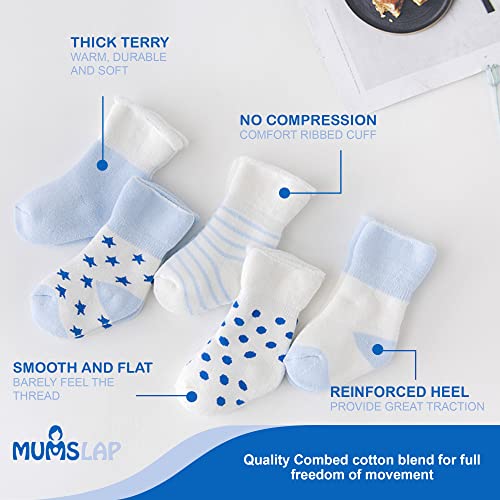 MumsLap Baby Socks for Boys and Girls | Cotton Blend Ankle Length Winter Socks for Newborns Infants Toddlers | Soft Breathable Terry Socks with Sweat Absorption, 5 Pairs (White, Blue, 0 to 12 Months) - Image 3