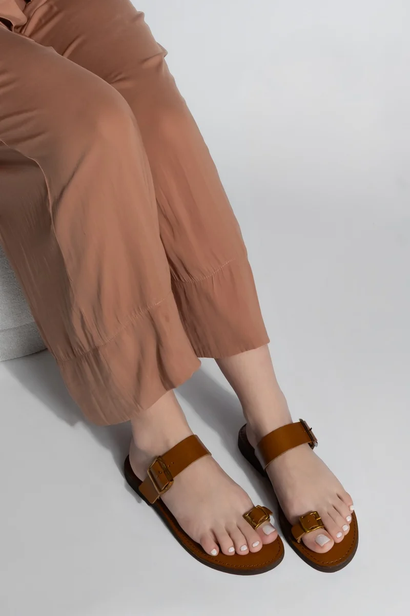 MARJIN Women's Leather Flip Flop Strap Buckled Casual Slippers Parve