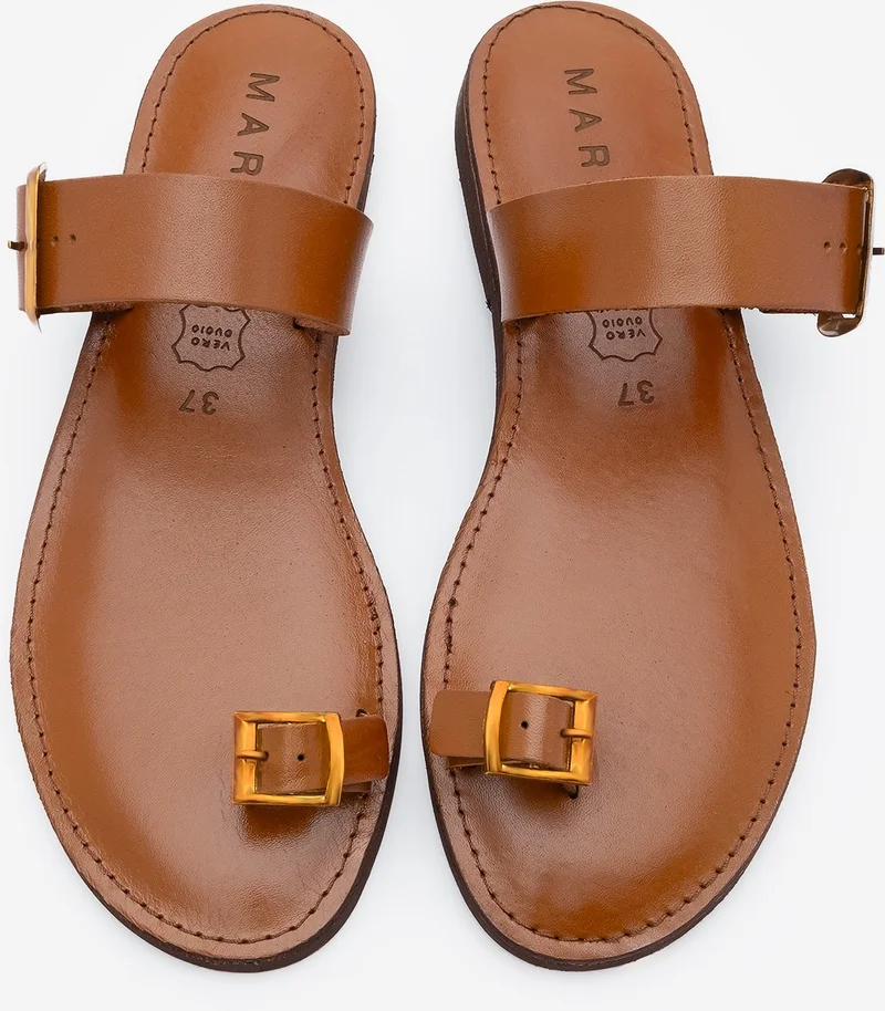 MARJIN Women's Leather Flip Flop Strap Buckled Casual Slippers Parve