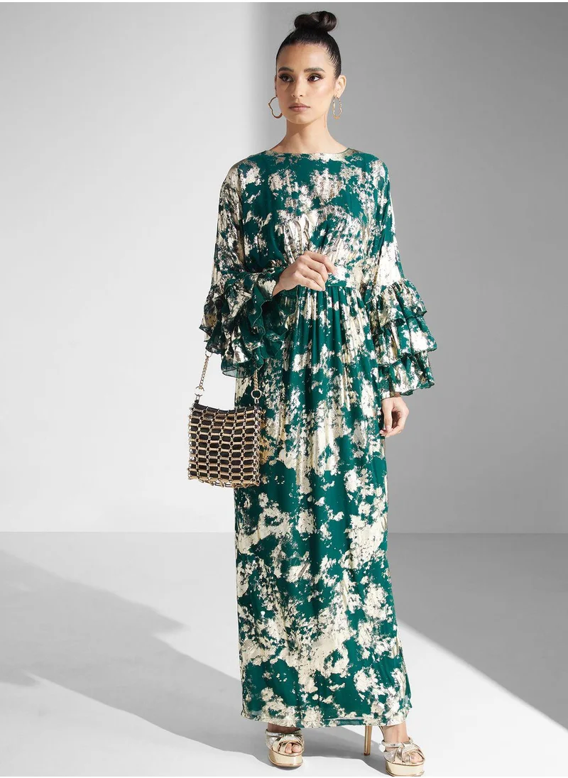 جولدن ابل Ruffle Sleeve Printed Dress
