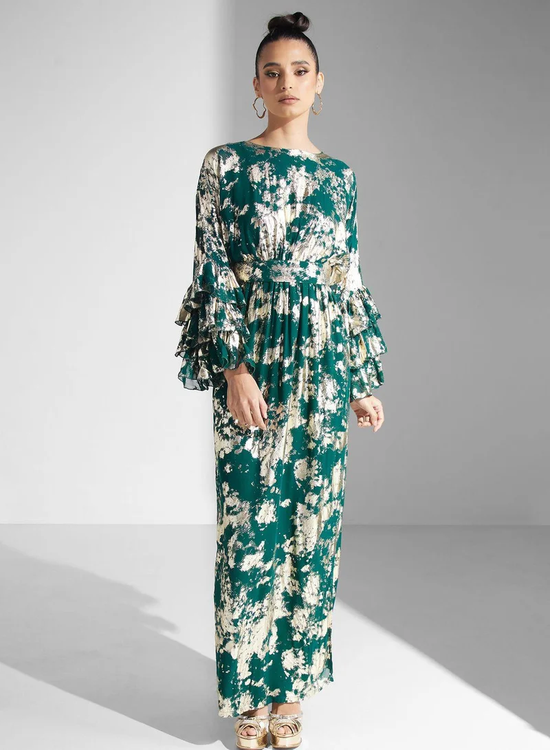 جولدن ابل Ruffle Sleeve Printed Dress