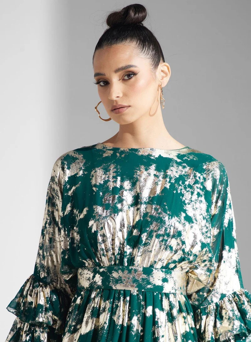 جولدن ابل Ruffle Sleeve Printed Dress