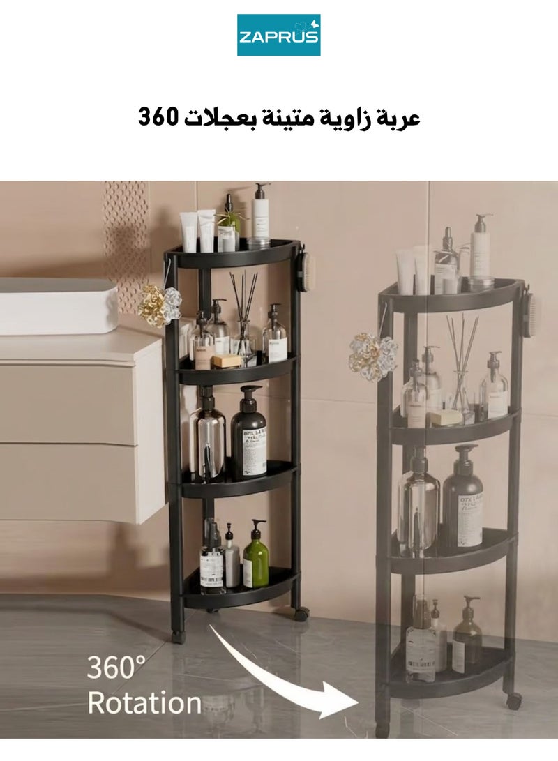 Zaprus 4-Tier Multipurpose Corner Storage Trolley with Wheels – Space-Saving Rolling Organizer Rack for Kitchen, Bathroom & Office – Durable Plastic, Black - Image 3