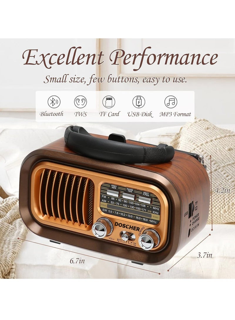 DOSCHER Small Retro Vintage Radio with Bluetooth, Portable Transistor Radio AM FM SW with Best Sound, Excellent Reception, Supports TF Card USB MP3 Player, USB or Solar  Charging - Image 2