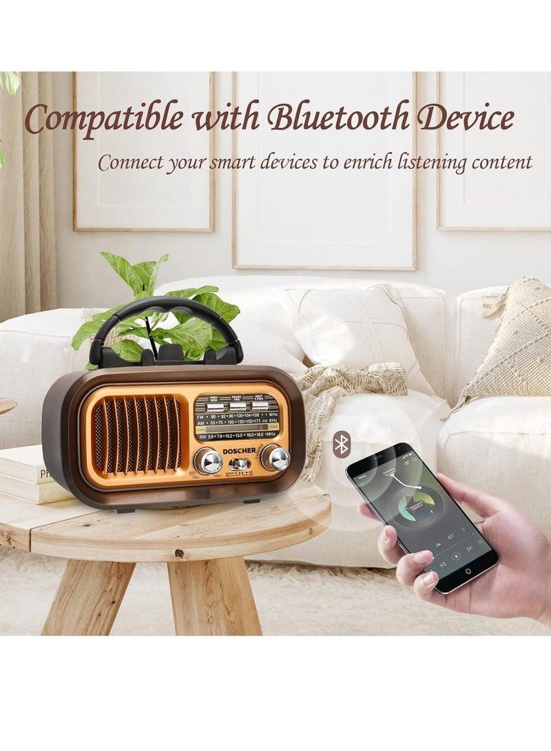 DOSCHER Small Retro Vintage Radio with Bluetooth, Portable Transistor Radio AM FM SW with Best Sound, Excellent Reception, Supports TF Card USB MP3 Player, USB or Solar  Charging - Image 4
