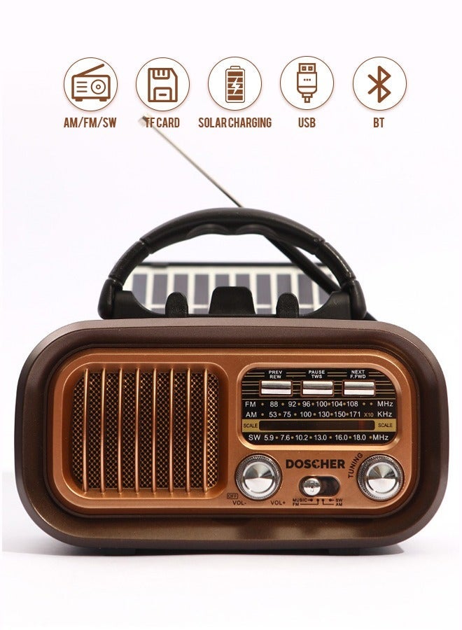 DOSCHER Small Retro Vintage Radio with Bluetooth, Portable Transistor Radio AM FM SW with Best Sound, Excellent Reception, Supports TF Card USB MP3 Player, USB or Solar  Charging - Image 1