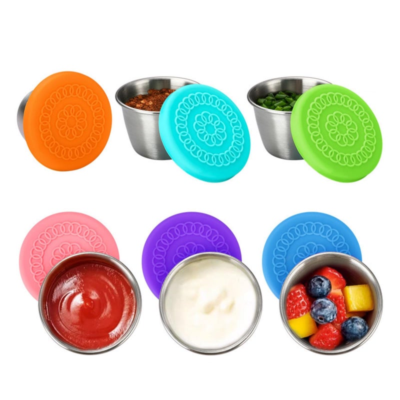 PYEBE 6Pack 70ml Stainless Steel Small Condiment Containers with Silicone Lids  Leakproof Reusable Sauce Cups