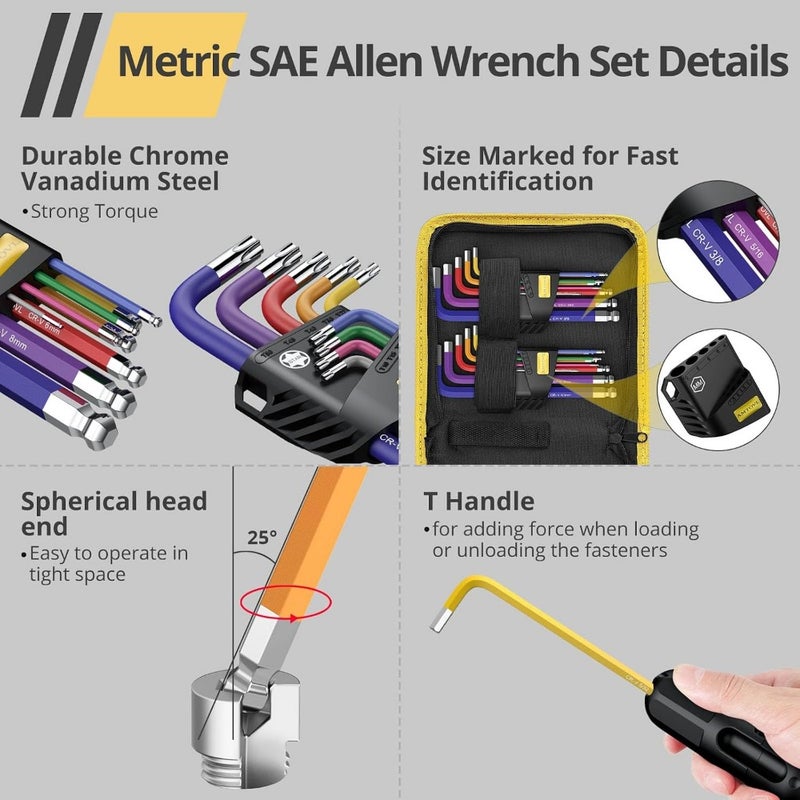 Hex Keys Set, Allen Key Set and Star Key Set, Metric Imperial Extra Long Ball End Key w/Color Coding w/T-Handle 1.5mm-10mm, T10-T50, 1/16-3/8 Bicycle Repair Household DIY AVL007AVLUK - Image 4