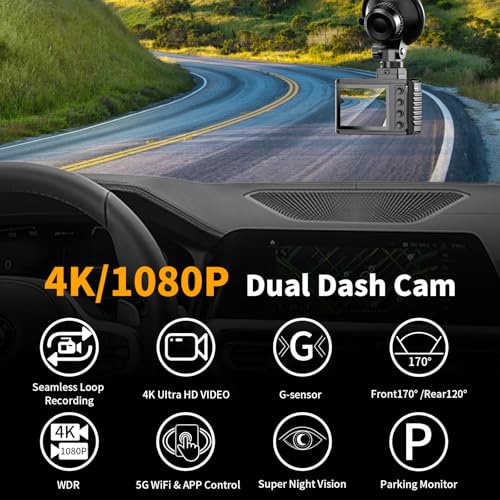 WANLIPO Dash Cam Front and Rear: 4K Dual Channel Dash Cam - 5GHz WiFi, Dash Camera for Cars with 64GB Card, 2" IPS, App Control, G-Sensor, Loop Recording, 170° Wide Angle, Night Vision, 24H Parking Mode - Image 2