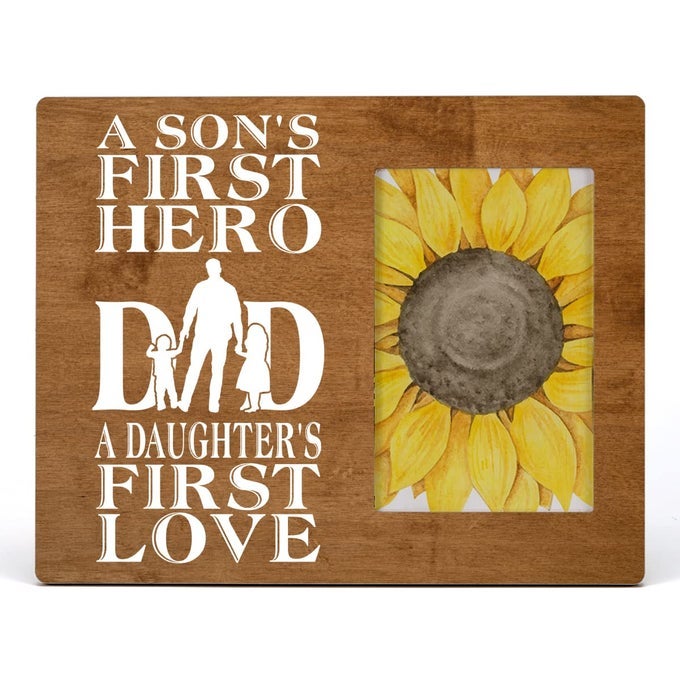 FATHER WOOD PICTURE FRAME GIFT A SONS FIRST HERO A DAUGHTERS FIRST LOVE DAD WOODEN PHOTO FRAME FATHERS DAY BIRTHDAY GIFT TABLETOP AND WALL MOUNTING DISPLAY PHOTO 4X6 INCH