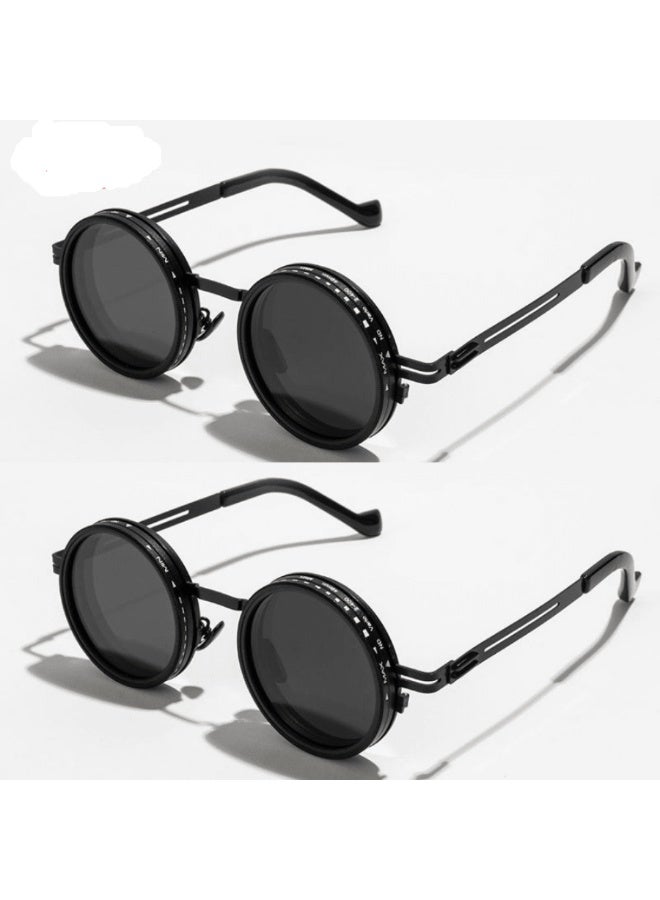 Round sunglasses with an exceptional design, foldable and adjustable lenses with adjustment rings and dark shaded lenses that provide excellent protection from strong sunlight. - Image 4