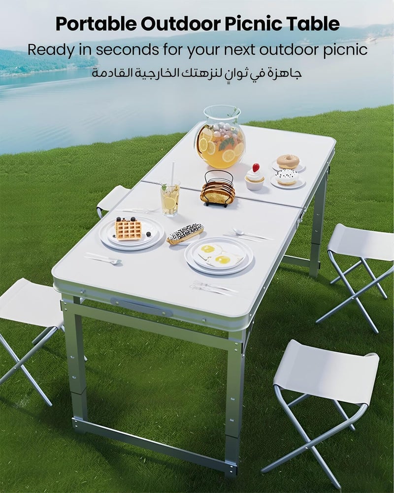 EDUTREE Folding Camping Table – Portable Lightweight Aluminum Picnic Table with Adjustable Height, Foldable Design & Carry Handle, Ideal for Outdoor Camping, Beach, Party & Travel (White) - Image 3