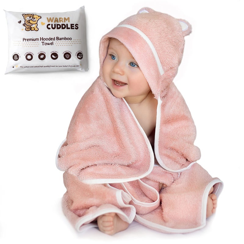 Warm Cuddles منشفة استحمام بيبي دافئة - مصنوعة من الرايون من الخيزران - منشفة بيبي حديثي الولادة مع غطاء - منشفة كبيرة مع غطاء لحديثي الولادة (وردي) - Image 1