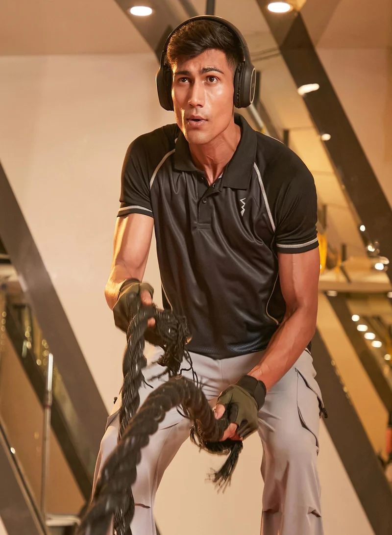 Campus Sutra CS Life Men's Black & Grey Ombre Polo Activewear T-Shirt For Casual Wear | Spread Collar | Short Sleeve | Anti-Odor | Dri-Fit | Jersey T-Shirt Crafted With Comfort Fit & High-Performance