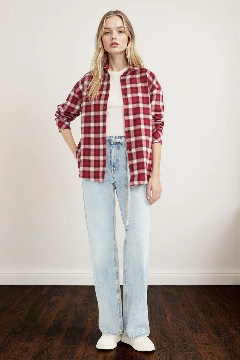 DeFacto Oversize Fit Plaid Long Sleeve Shirt
