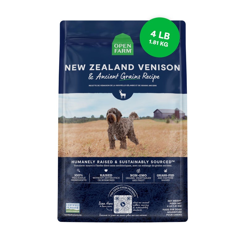Open Farm, Ancient Grains Dry Dog Food, Protein-Rich & Nutrient Dense, 90% Animal Protein Mixed with Non-GMO Fruits, Veggies and Superfoods, New Zealand Venison Recipe, 4lb Bag - Image 1