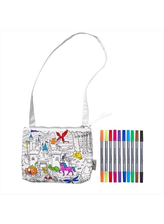 eatsleepdoodle Fairy Tale Coloring Crossbody Bag For Kids w/ 10pk Washable Markers For Kids - 8.5x7in Kids Color-in Crossbody Bag - Image 1