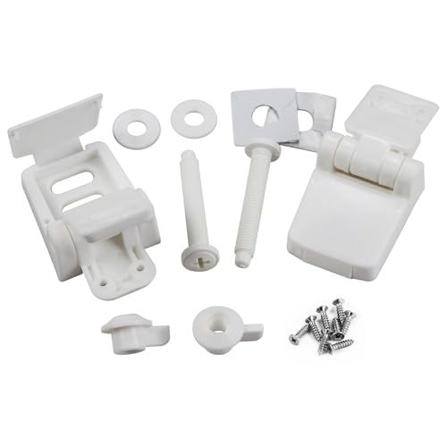 Meaferks Toilet Seat Hinges Replacement Parts – White Plastic Hinge Set with Screws, Connectors, Double Mounting Slots optional, Universal Fit for Wooden Toilet Seats, 1 Pair White (MFL16) - Image 1