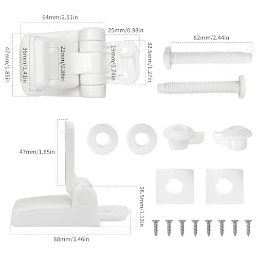 Meaferks Toilet Seat Hinges Replacement Parts – White Plastic Hinge Set with Screws, Connectors, Double Mounting Slots optional, Universal Fit for Wooden Toilet Seats, 1 Pair White (MFL16) - Image 4
