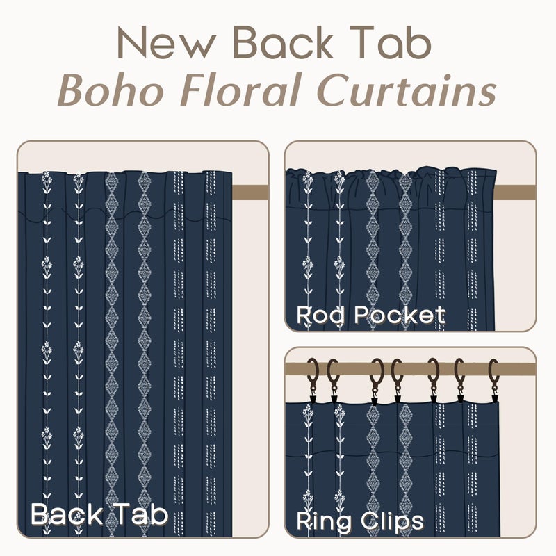 Lino Rosa Navy Blue 96 Inches Long Nursery Curtains Boy,Sheer Boho White Floral Striped Linen Nautical Curtains for Baby Living Room - Image 3