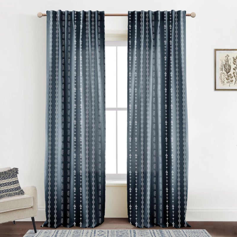 Lino Rosa Navy Blue 96 Inches Long Nursery Curtains Boy,Sheer Boho White Floral Striped Linen Nautical Curtains for Baby Living Room - Image 2